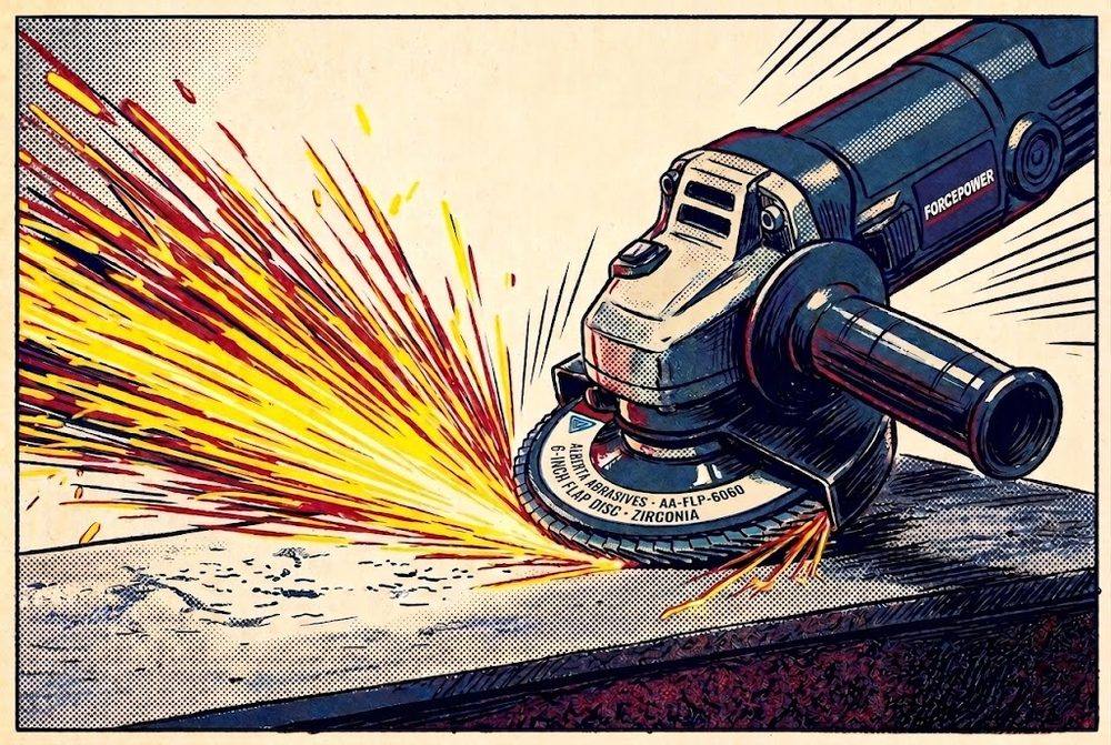 Comic panel: an angle grinder running an Alberta Abrasives AA-FLP-6060 6-inch zirconia flap disc, throwing sparks across a steel plate.